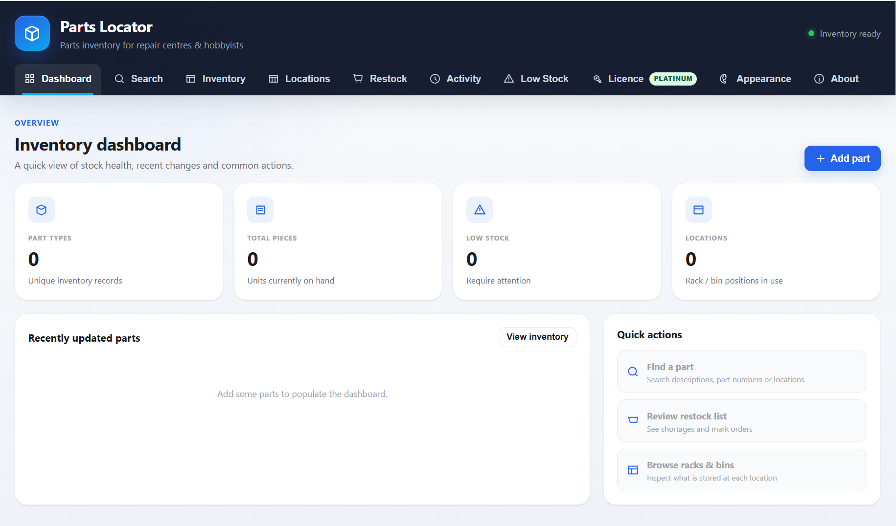 Parts Locator dashboard